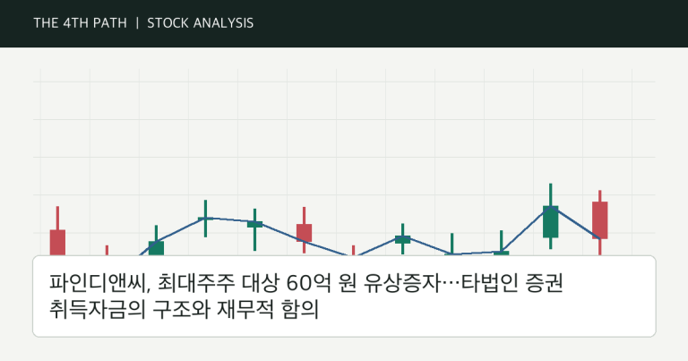 파인디앤씨, 최대주주 대상 60억 원 유상증자…타법인 증권 취득자금의 구조와 재무적 함의 자체 제작 분석 이미지
